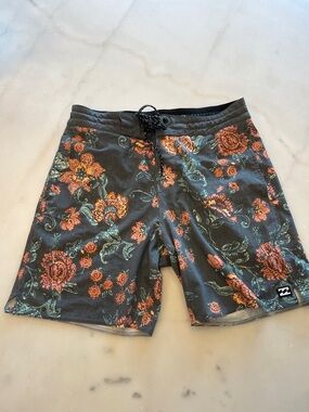 Billabong Black Swim Board Shorts with Orange Floral Print
